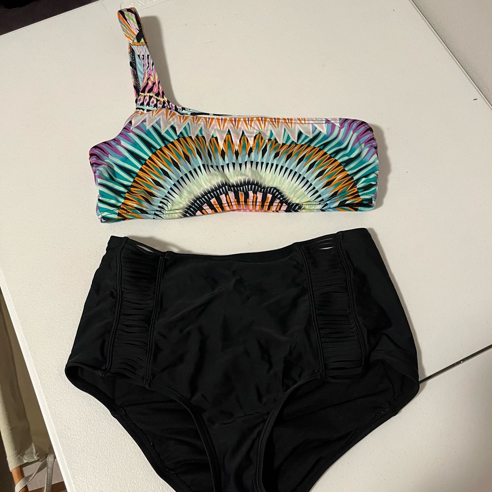 Swimsuit high waisted bottoms and single strap top